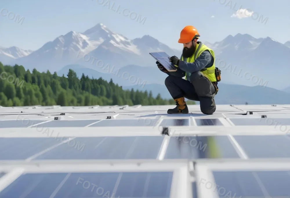 A 35 Year Old Caucasian Man With A Beard Wearing A Helmet And A Safety Vest Inspecting Solar Panels On A Rooftop With A Mountain In The Background 9 7766