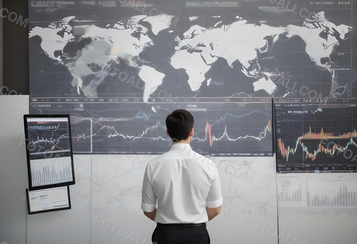 A 35 Year Old White Man With Short Dark Hair Wearing A White Shirt Looking At Stock Market Charts And World Map In A City 1 3dd7
