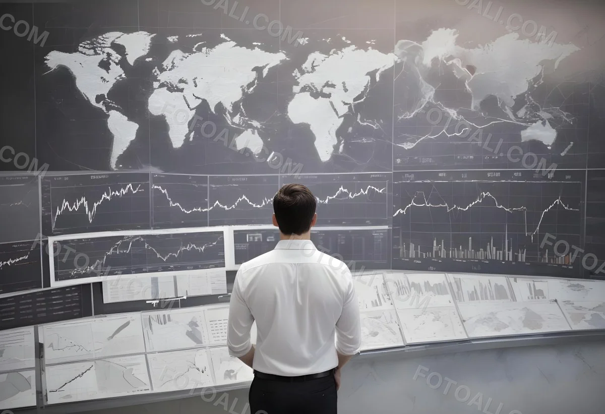A 35 Year Old White Man With Short Dark Hair Wearing A White Shirt Looking At Stock Market Charts And World Map In A City 2 8f26