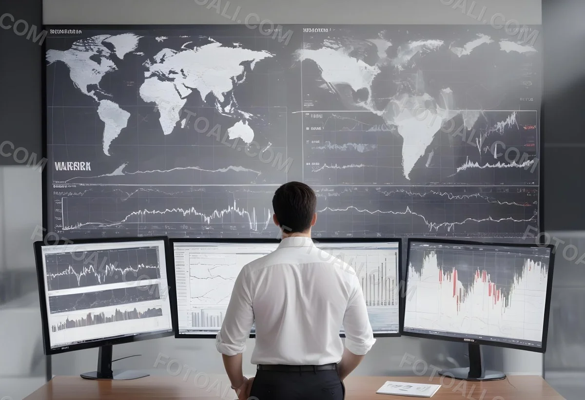 A 35 Year Old White Man With Short Dark Hair Wearing A White Shirt Looking At Stock Market Charts And World Map In A City 3 6dcd