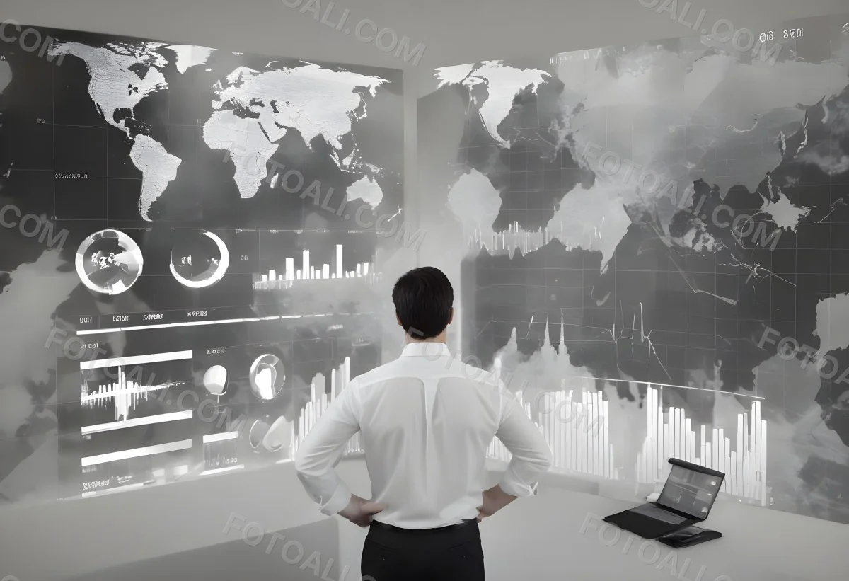 A 35 Year Old White Man With Short Dark Hair Wearing A White Shirt Looking At Stock Market Charts And World Map In A City 4 00f2