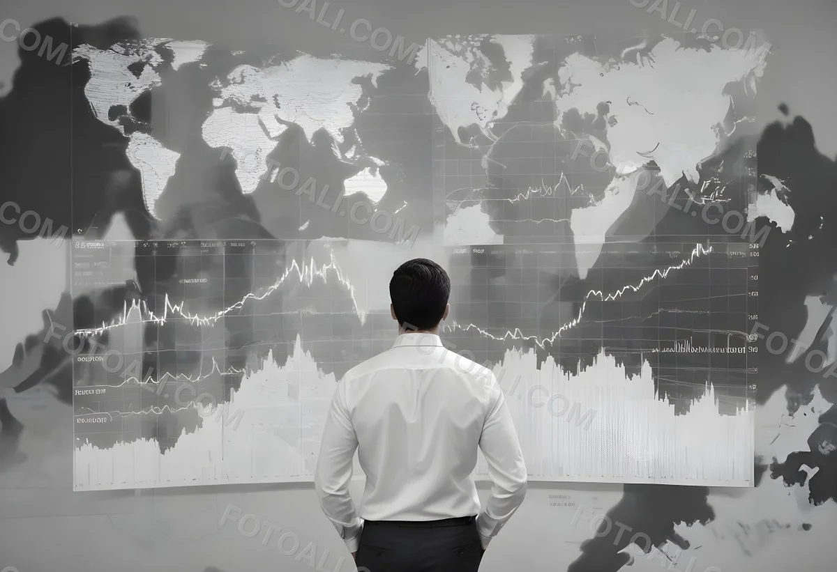 A 35 Year Old White Man With Short Dark Hair Wearing A White Shirt Looking At Stock Market Charts And World Map In A City 5 Bf45