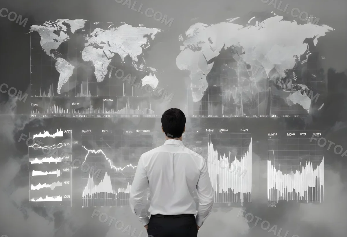 A 35 Year Old White Man With Short Dark Hair Wearing A White Shirt Looking At Stock Market Charts And World Map In A City 6 Eca8