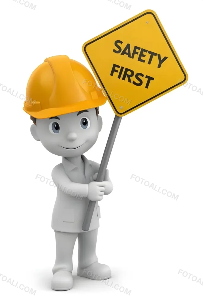 A 3d Cartoon Character Wearing A Hard Hat And Holding A Safety First Sign 12 16bc