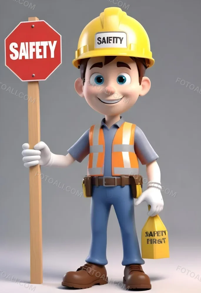 A 3d Cartoon Character Wearing A Hard Hat And Holding A Safety First Sign 3 Fbad