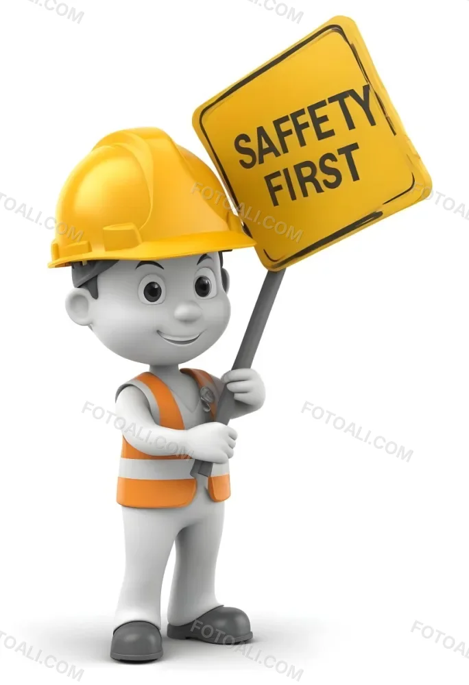 A 3d Cartoon Character Wearing A Hard Hat And Holding A Safety First Sign 7 B8c3