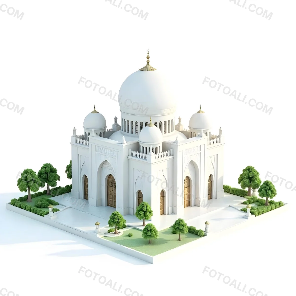 A 3d Model Of A Mosque With A Large White Dome White Walls And Intricate Geometric Patterns Surrounded By Small Green Trees And Bushes Isolated On White Background 10 Cde2