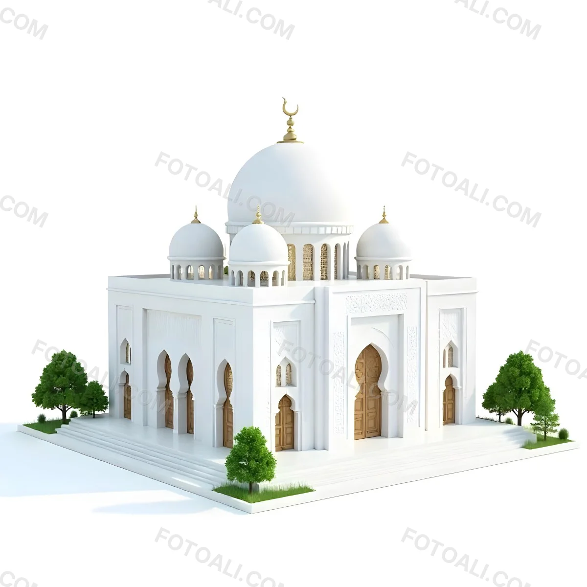 A 3d Model Of A Mosque With A Large White Dome White Walls And Intricate Geometric Patterns Surrounded By Small Green Trees And Bushes Isolated On White Background 15 A1ab