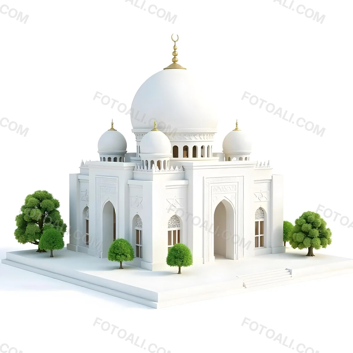 A 3d Model Of A Mosque With A Large White Dome White Walls And Intricate Geometric Patterns Surrounded By Small Green Trees And Bushes Isolated On White Background 18 A04f