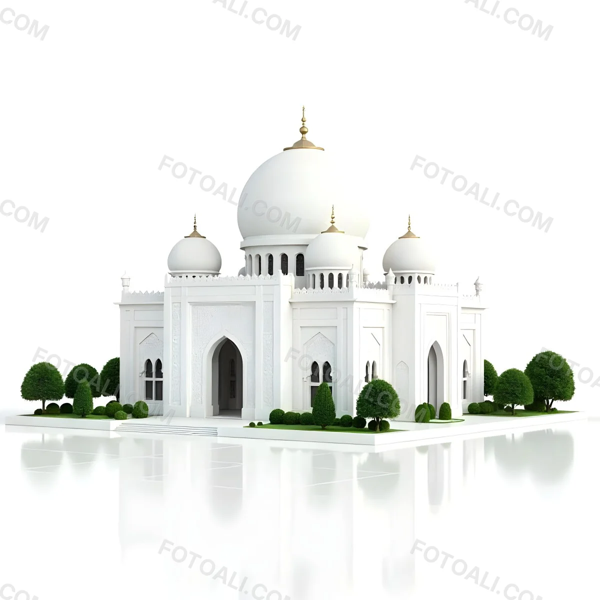 A 3d Model Of A Mosque With A Large White Dome White Walls And Intricate Geometric Patterns Surrounded By Small Green Trees And Bushes Isolated On White Background 2 0127