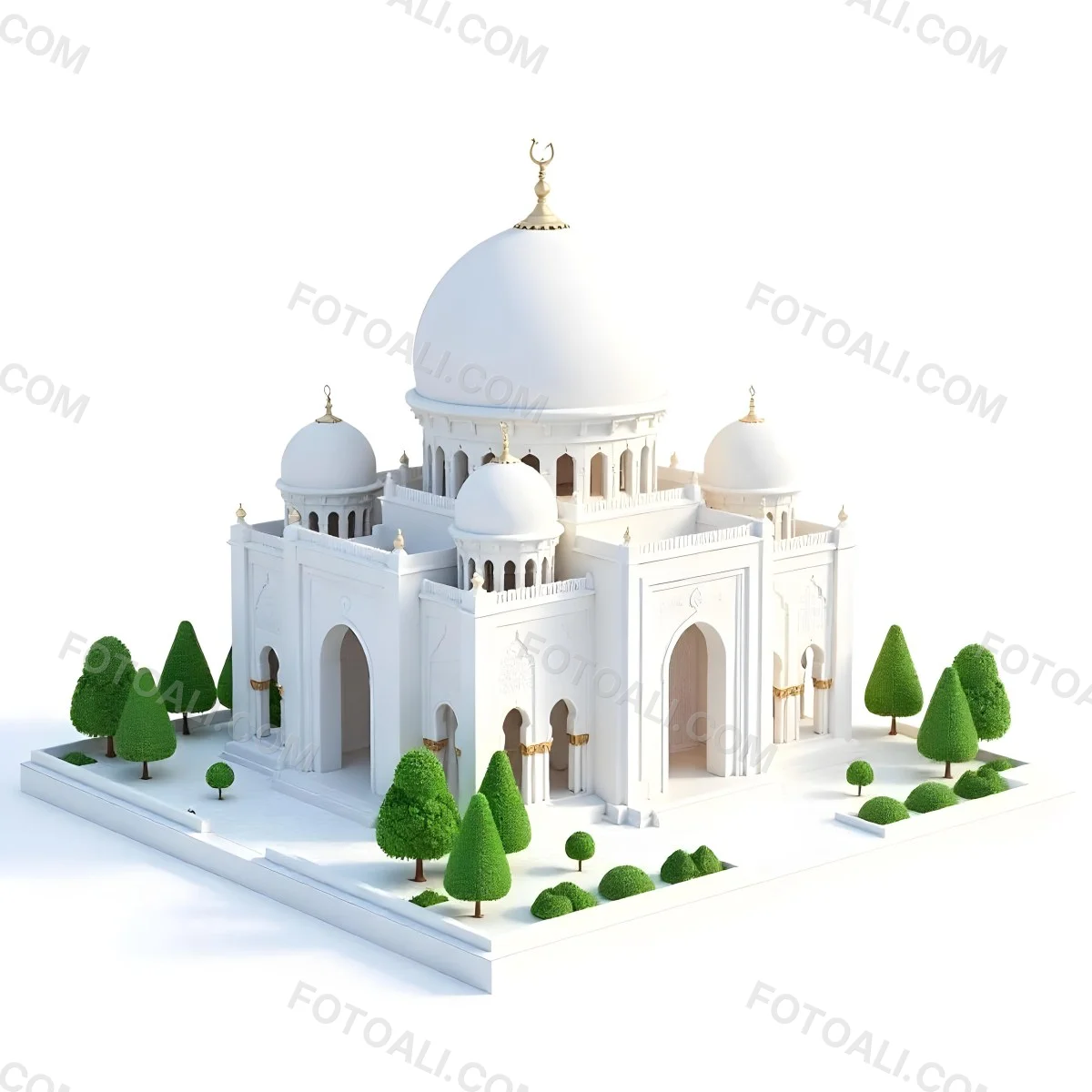 A 3d Model Of A Mosque With A Large White Dome White Walls And Intricate Geometric Patterns Surrounded By Small Green Trees And Bushes Isolated On White Background 21 70a0
