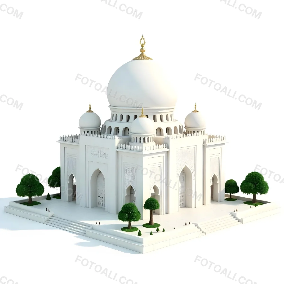 A 3d Model Of A Mosque With A Large White Dome White Walls And Intricate Geometric Patterns Surrounded By Small Green Trees And Bushes Isolated On White Background 22 Ba47
