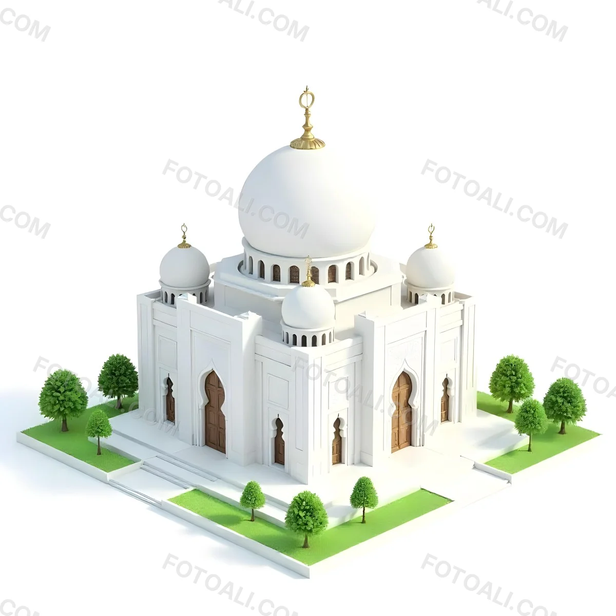 A 3d Model Of A Mosque With A Large White Dome White Walls And Intricate Geometric Patterns Surrounded By Small Green Trees And Bushes Isolated On White Background 23 6c5a