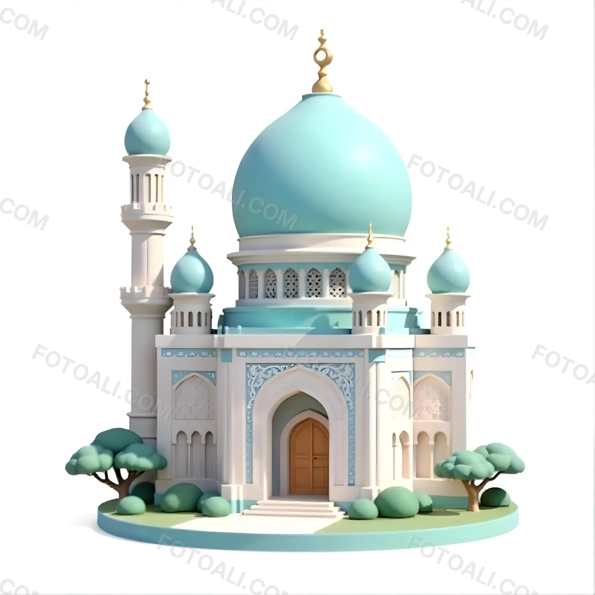 A 3d Model Of A Mosque With A Large White Dome White Walls And Intricate Geometric Patterns Surrounded By Small Green Trees And Bushes Isolated On White Background 3 848e