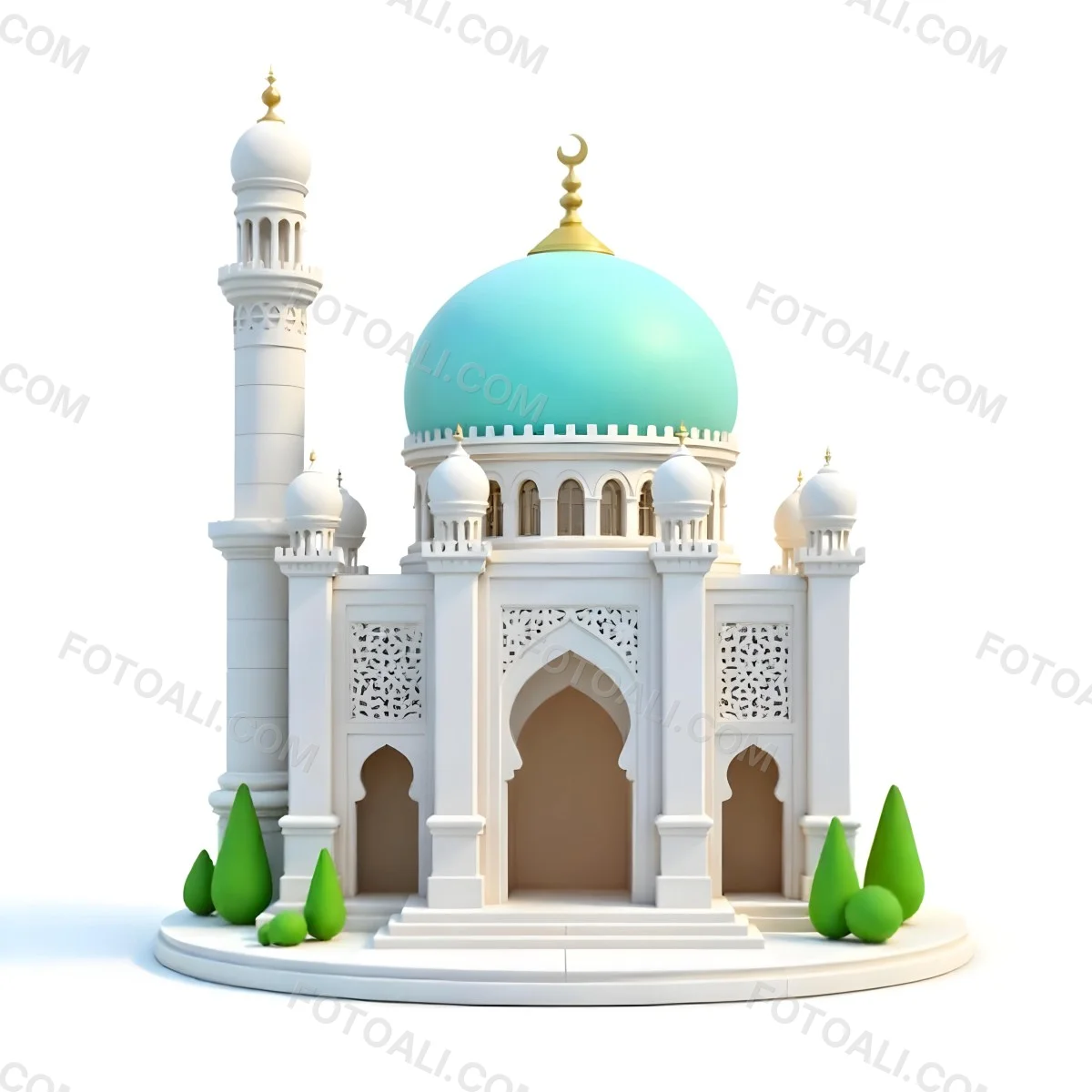 A 3d Model Of A Mosque With A Large White Dome White Walls And Intricate Geometric Patterns Surrounded By Small Green Trees And Bushes Isolated On White Background 4 07b8