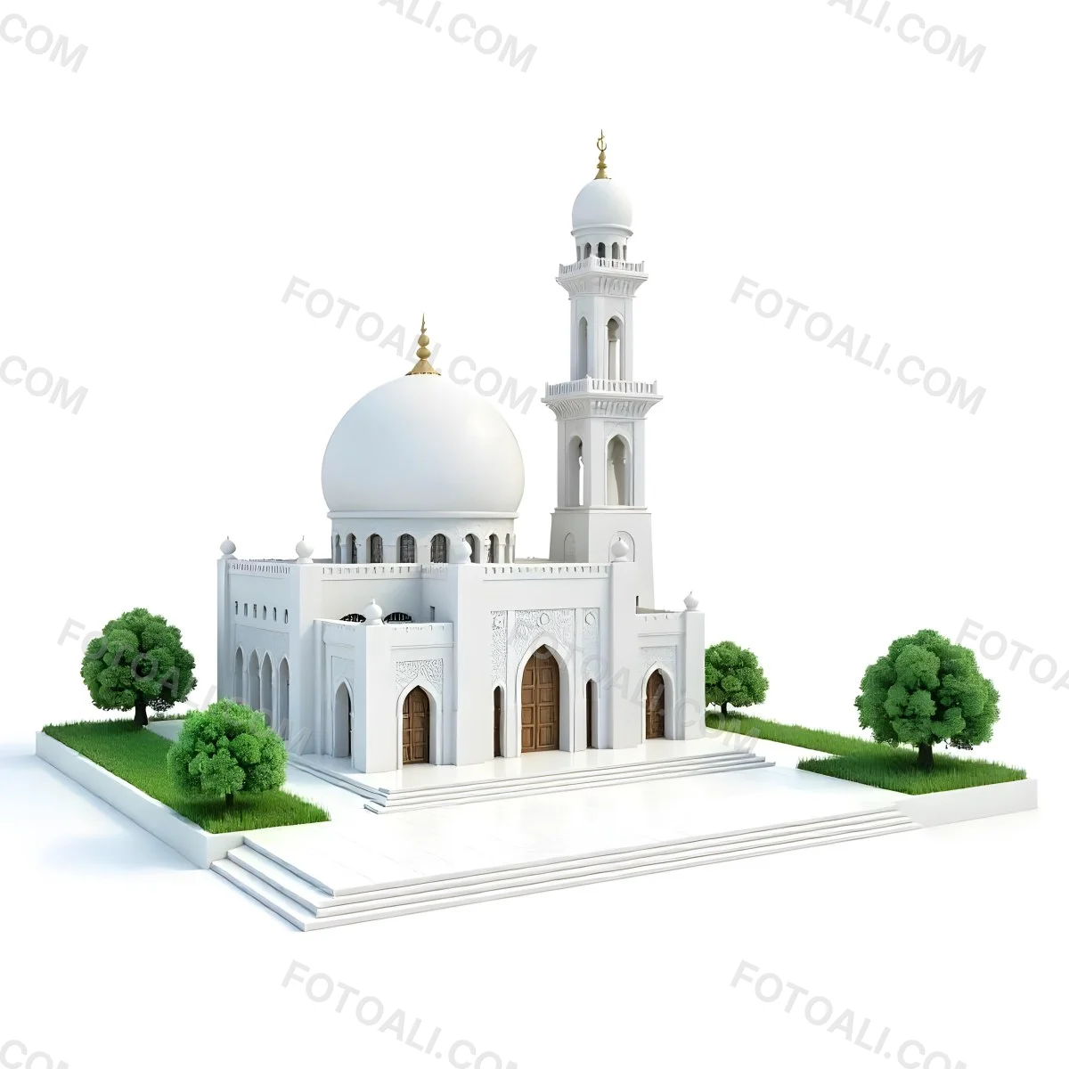 A 3d Model Of A Mosque With A Large White Dome White Walls And Intricate Geometric Patterns Surrounded By Small Green Trees And Bushes Isolated On White Background 6 B287