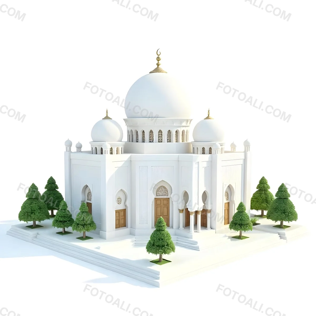 A 3d Model Of A Mosque With A Large White Dome White Walls And Intricate Geometric Patterns Surrounded By Small Green Trees And Bushes Isolated On White Background 8 9452
