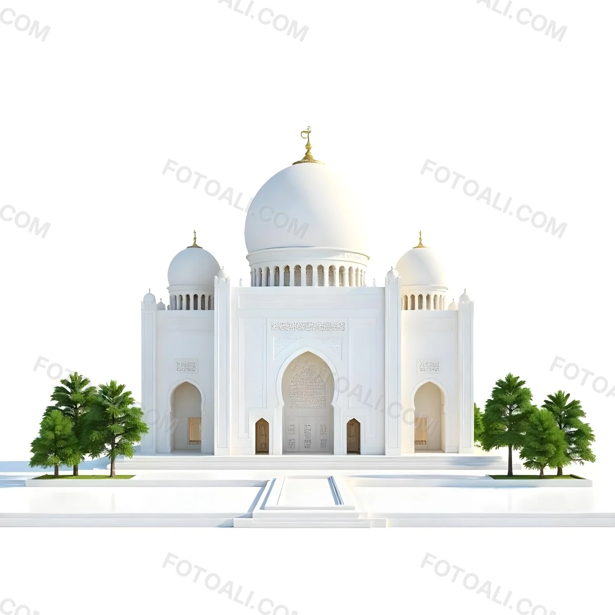 A 3d Model Of A Mosque With A Large White Dome White Walls And Intricate Geometric Patterns Surrounded By Small Green Trees And Bushes Isolated On White Background 9 581e