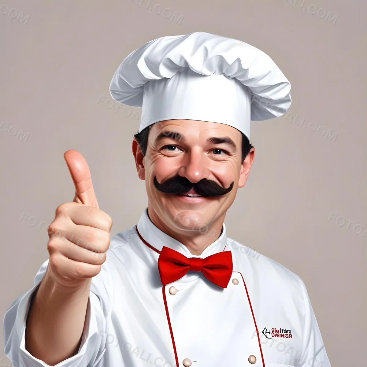 A 40 Year Old White Man With A Chef Hat And Mustache Doing A Thumbs Up With A Red Bowtie In A White Background 25 956c