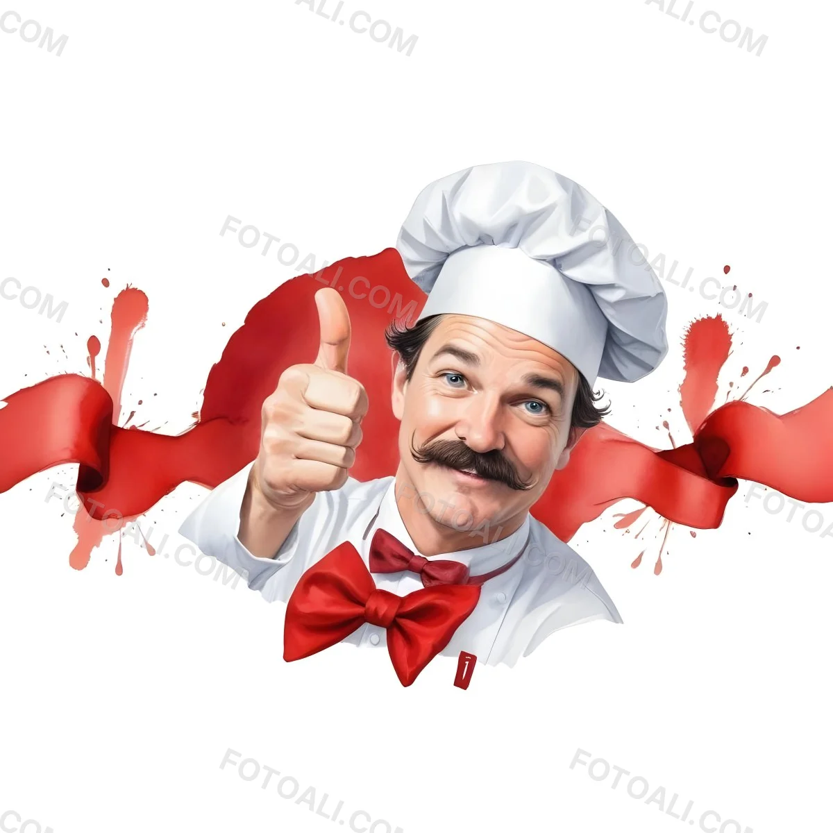 A 40 Year Old White Man With A Chef Hat And Mustache Doing A Thumbs Up With A Red Bowtie In A White Background 8 C36f