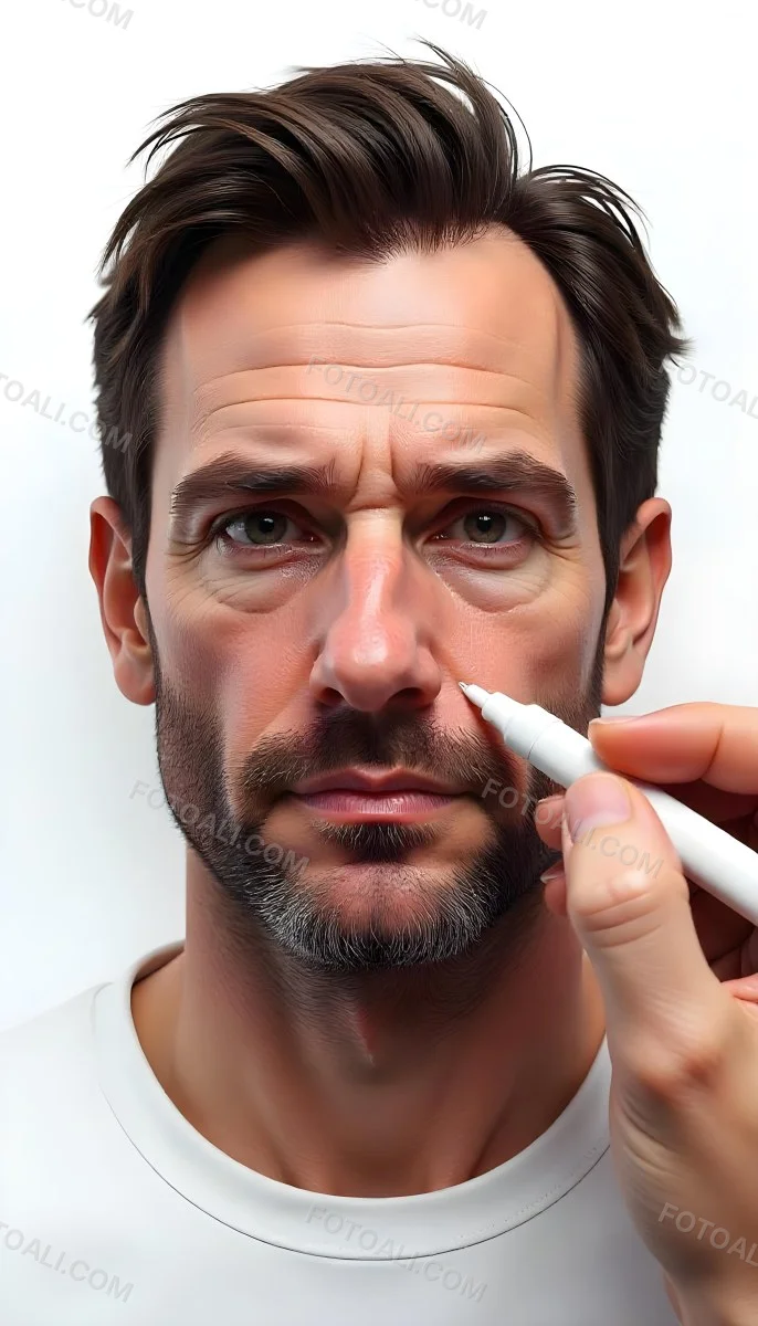 A 45 Year Old White Man With Brown Hair Drawing The Rest Of The Face With A White Marker On A White Background 30 5e2f