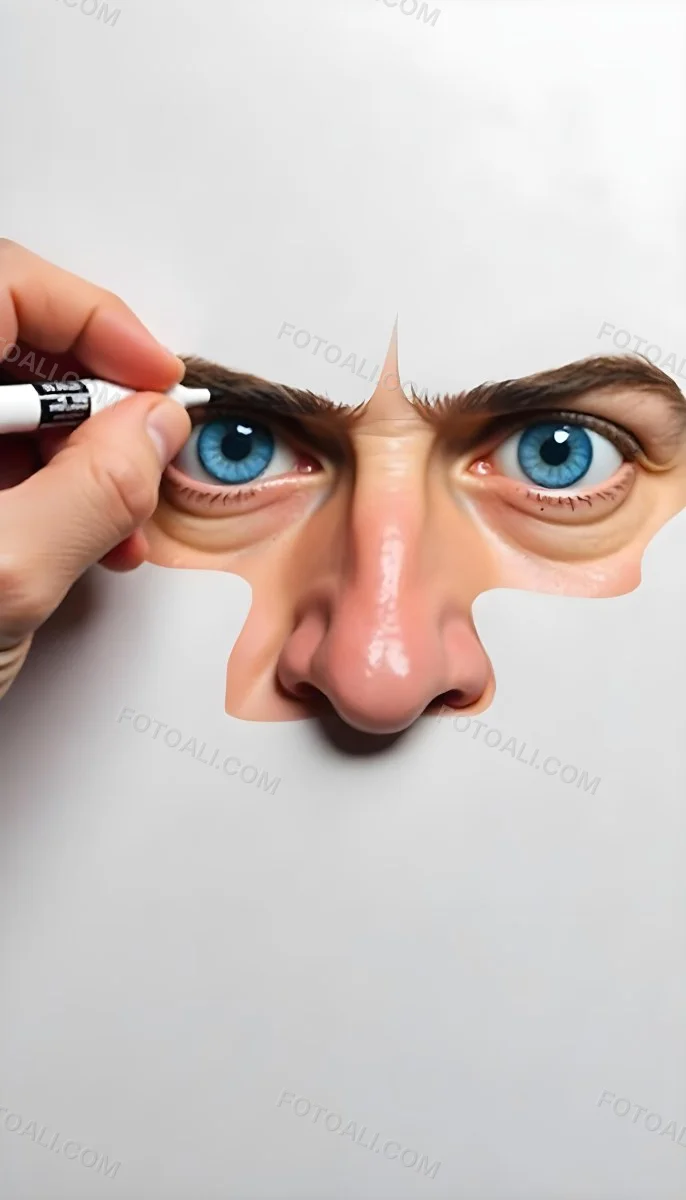 A 45 Year Old White Man With Brown Hair Drawing The Rest Of The Face With A White Marker On A White Background 31 6af6