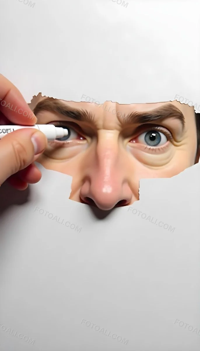 A 45 Year Old White Man With Brown Hair Drawing The Rest Of The Face With A White Marker On A White Background 35 9e10
