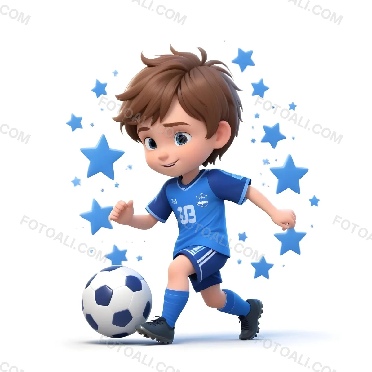 A 7 Year Old White Boy With Brown Hair Wearing A Blue Soccer Uniform Playing With A Soccer Ball Soccer Balls And Blue Stars In The Background 22 A303