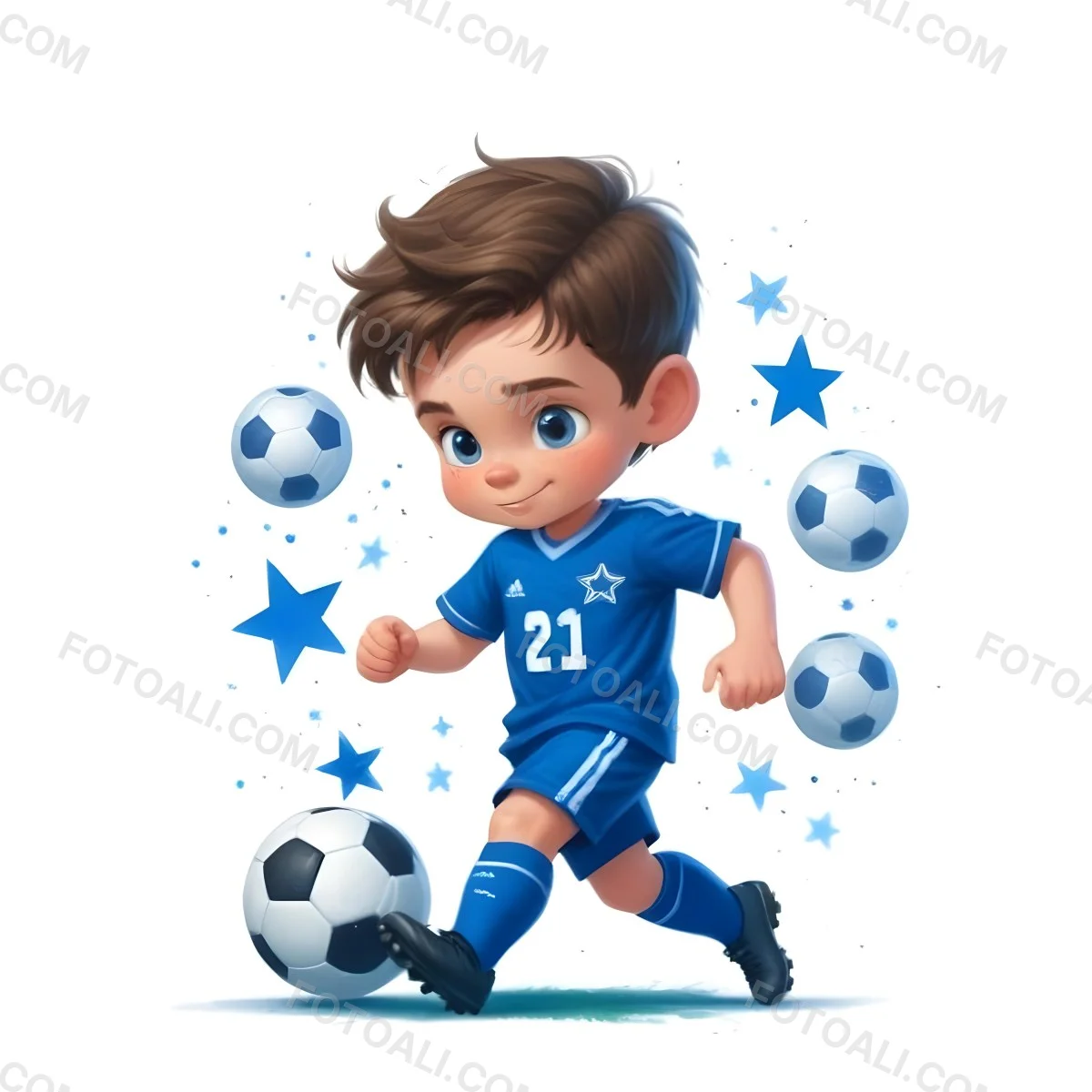 A 7 Year Old White Boy With Brown Hair Wearing A Blue Soccer Uniform Playing With A Soccer Ball Soccer Balls And Blue Stars In The Background 27 16b5