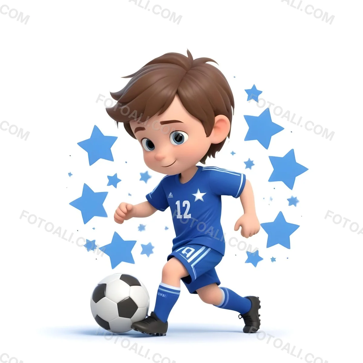 A 7 Year Old White Boy With Brown Hair Wearing A Blue Soccer Uniform Playing With A Soccer Ball Soccer Balls And Blue Stars In The Background 4 8f66