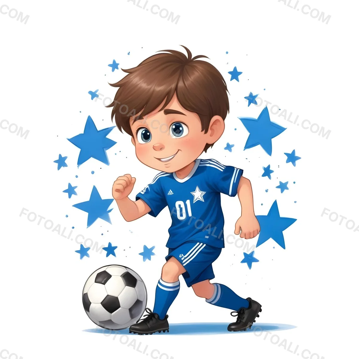A 7 Year Old White Boy With Brown Hair Wearing A Blue Soccer Uniform Playing With A Soccer Ball Soccer Balls And Blue Stars In The Background 45 5016