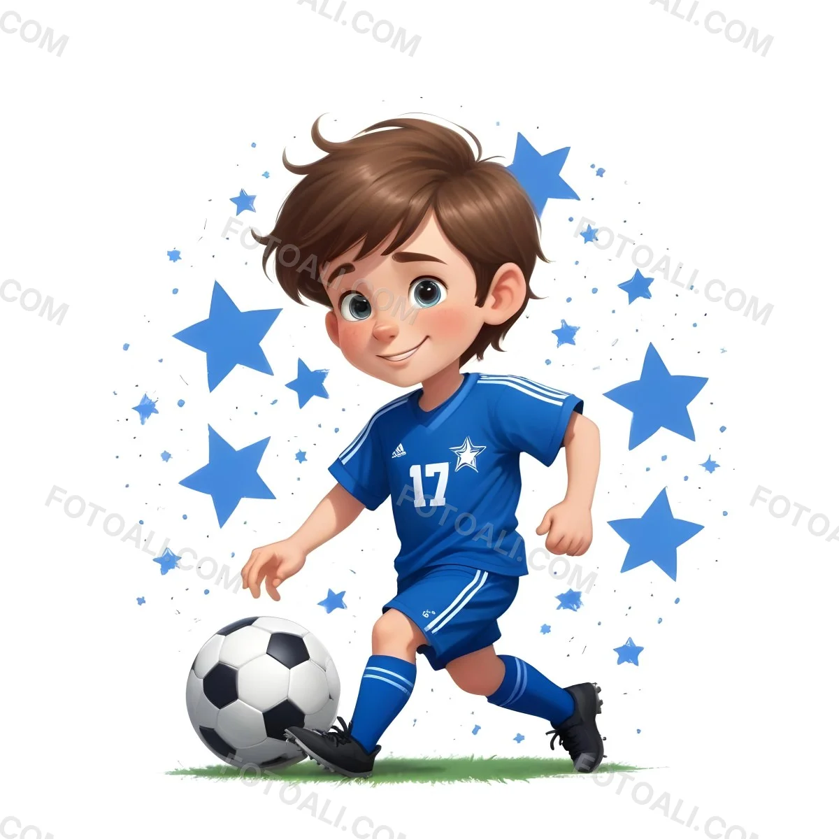 A 7 Year Old White Boy With Brown Hair Wearing A Blue Soccer Uniform Playing With A Soccer Ball Soccer Balls And Blue Stars In The Background 49 5b57