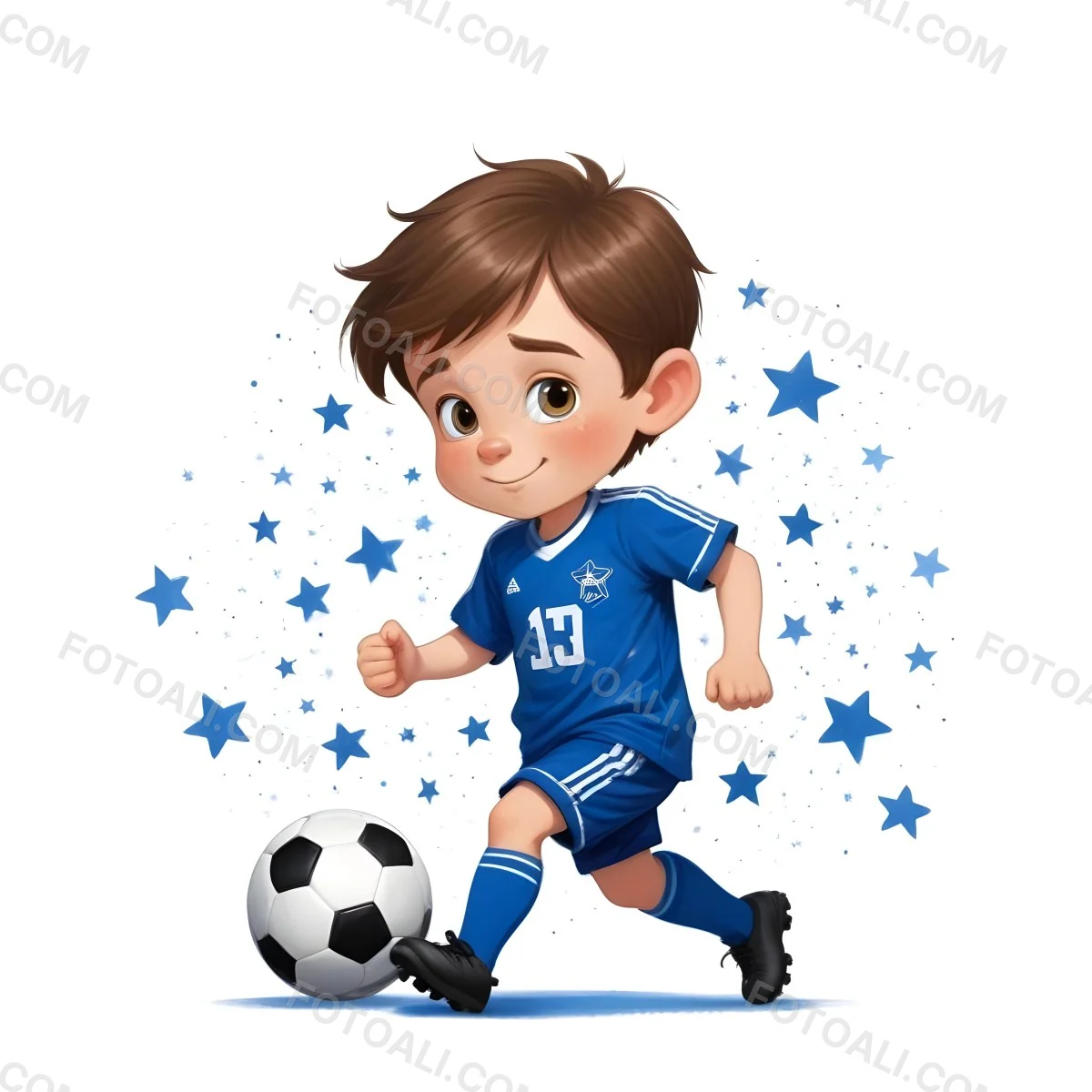 A 7 Year Old White Boy With Brown Hair Wearing A Blue Soccer Uniform Playing With A Soccer Ball Soccer Balls And Blue Stars In The Background 50 Af51