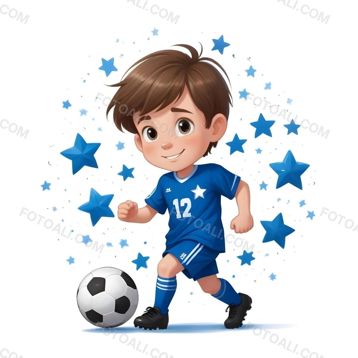 A 7 Year Old White Boy With Brown Hair Wearing A Blue Soccer Uniform Playing With A Soccer Ball Soccer Balls And Blue Stars In The Background 51 8fba