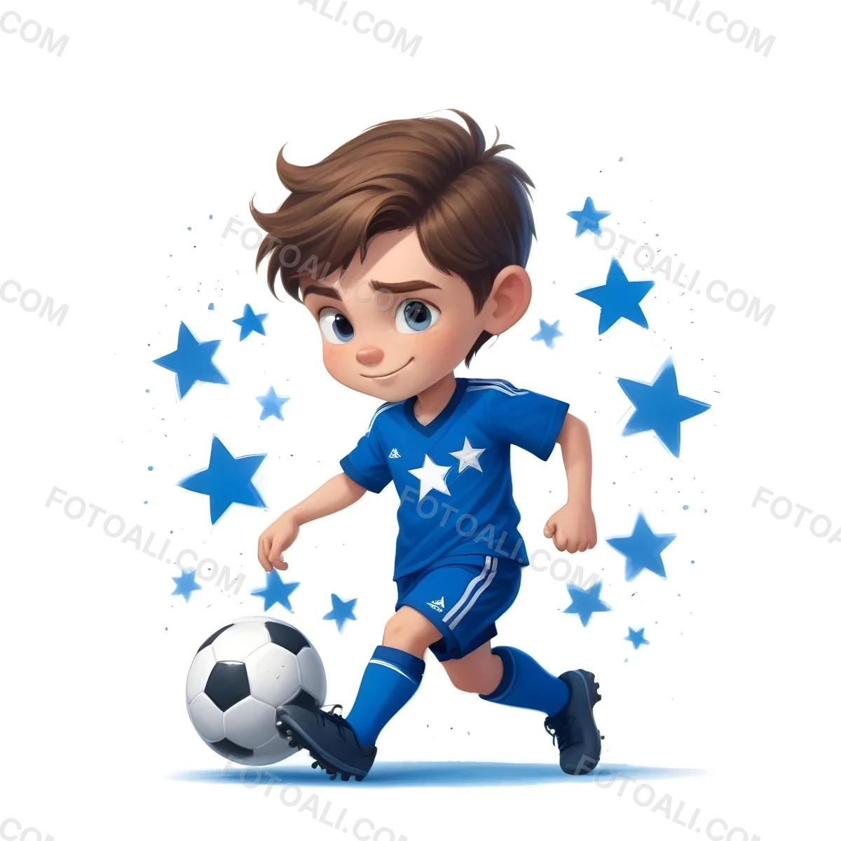 A 7 Year Old White Boy With Brown Hair Wearing A Blue Soccer Uniform Playing With A Soccer Ball Soccer Balls And Blue Stars In The Background 53 C35e