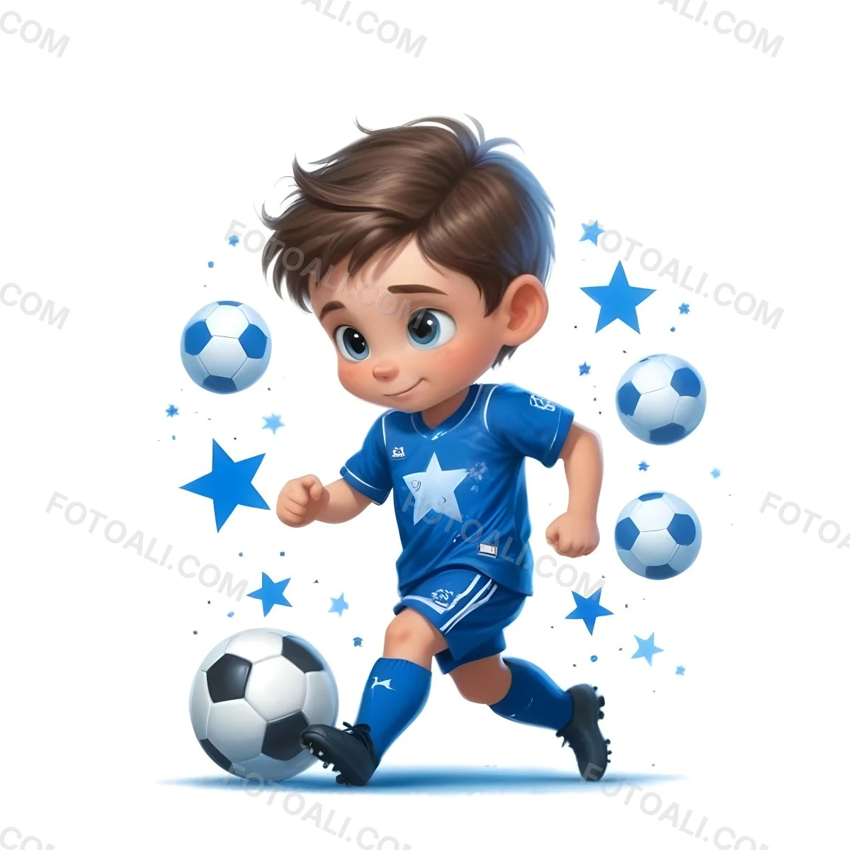 A 7 Year Old White Boy With Brown Hair Wearing A Blue Soccer Uniform Playing With A Soccer Ball Soccer Balls And Blue Stars In The Background 55 4790
