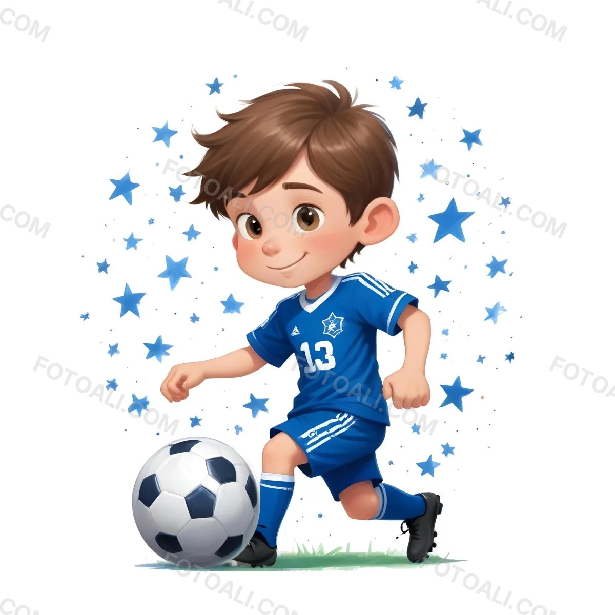 A 7 Year Old White Boy With Brown Hair Wearing A Blue Soccer Uniform Playing With A Soccer Ball Soccer Balls And Blue Stars In The Background 56 C987