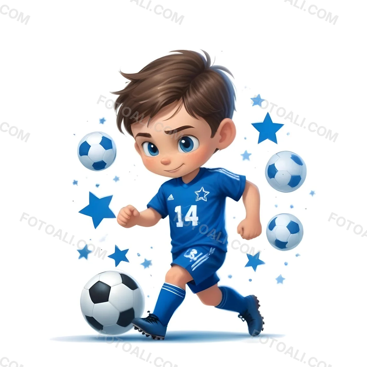 A 7 Year Old White Boy With Brown Hair Wearing A Blue Soccer Uniform Playing With A Soccer Ball Soccer Balls And Blue Stars In The Background 57 3460