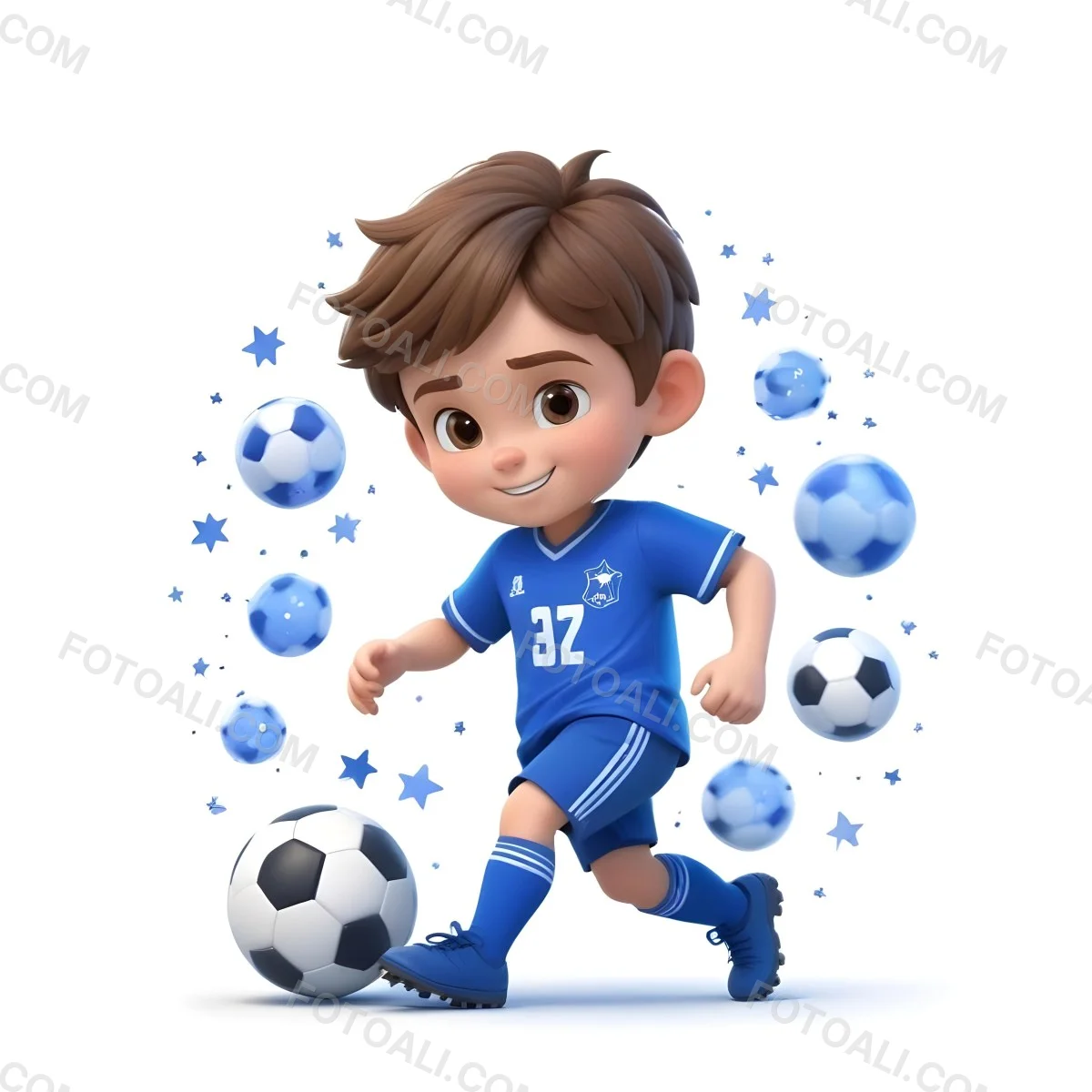 A 7 Year Old White Boy With Brown Hair Wearing A Blue Soccer Uniform Playing With A Soccer Ball Soccer Balls And Blue Stars In The Background 6 8948