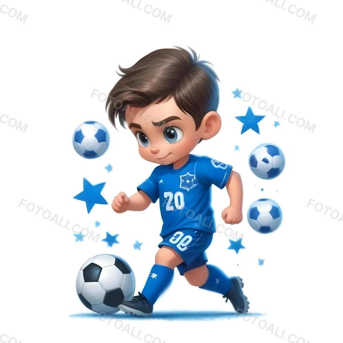 A 7 Year Old White Boy With Brown Hair Wearing A Blue Soccer Uniform Playing With A Soccer Ball Soccer Balls And Blue Stars In The Background 7 F056