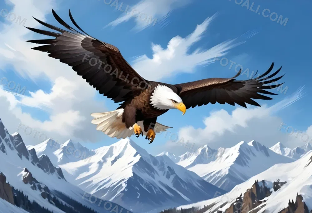A Bald Eagle Soaring Over Snow Capped Mountains Against A Blue Sky With Clouds 23 2284