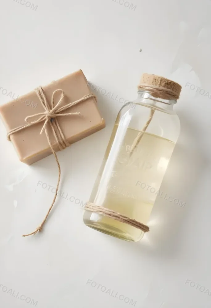 A Bar Of Soap Tied With Twine And A Clear Glass Bottle With A White Cap On A White Textured Surface 11 2cae