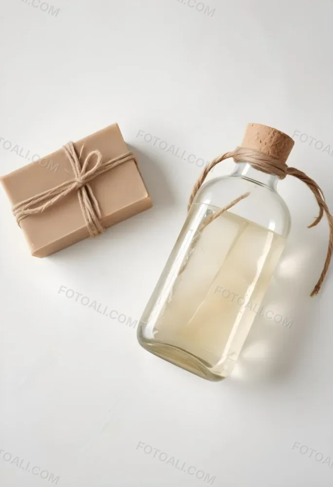 A Bar Of Soap Tied With Twine And A Clear Glass Bottle With A White Cap On A White Textured Surface 24 2b0c