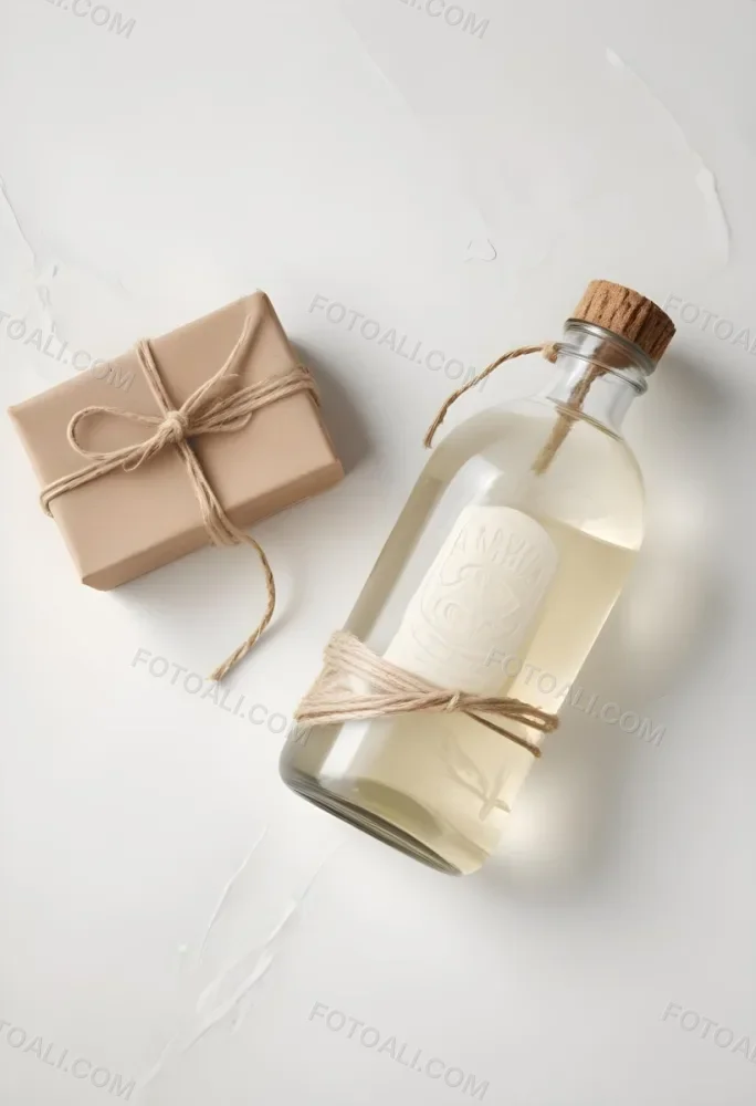 A Bar Of Soap Tied With Twine And A Clear Glass Bottle With A White Cap On A White Textured Surface 28 E1e0