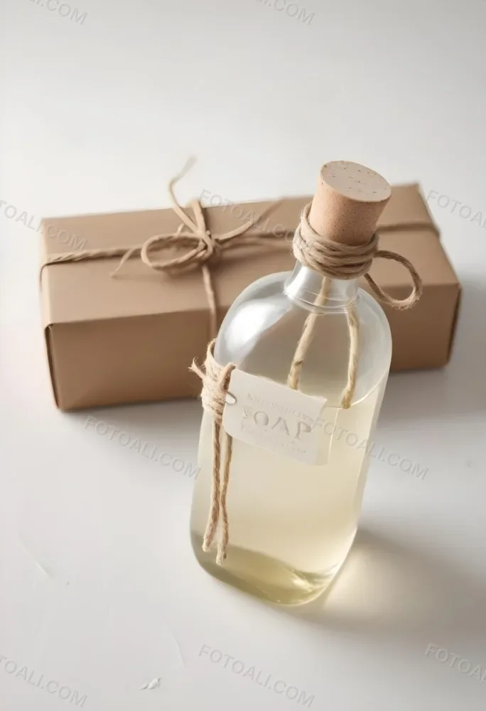 A Bar Of Soap Tied With Twine And A Clear Glass Bottle With A White Cap On A White Textured Surface 3 6430