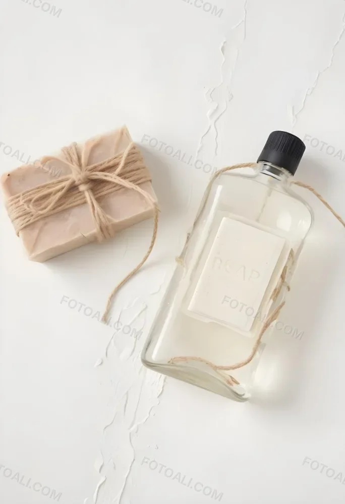 A Bar Of Soap Tied With Twine And A Clear Glass Bottle With A White Cap On A White Textured Surface 33 Bf74