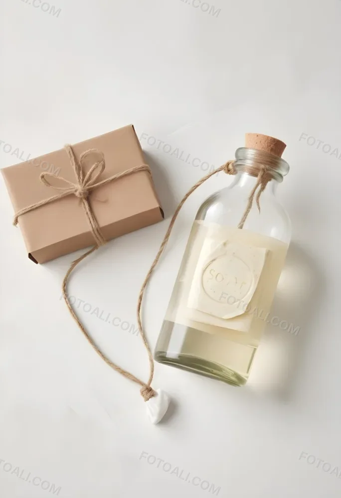 A Bar Of Soap Tied With Twine And A Clear Glass Bottle With A White Cap On A White Textured Surface 4 7a2e
