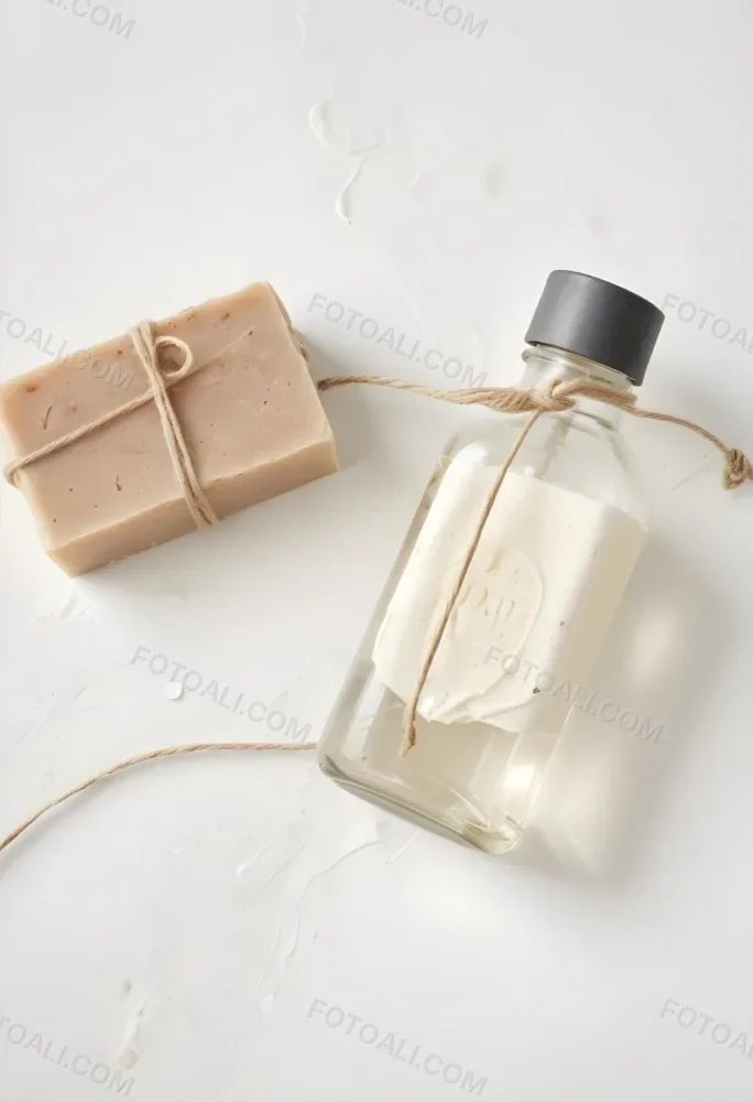 A Bar Of Soap Tied With Twine And A Clear Glass Bottle With A White Cap On A White Textured Surface 5 07b6