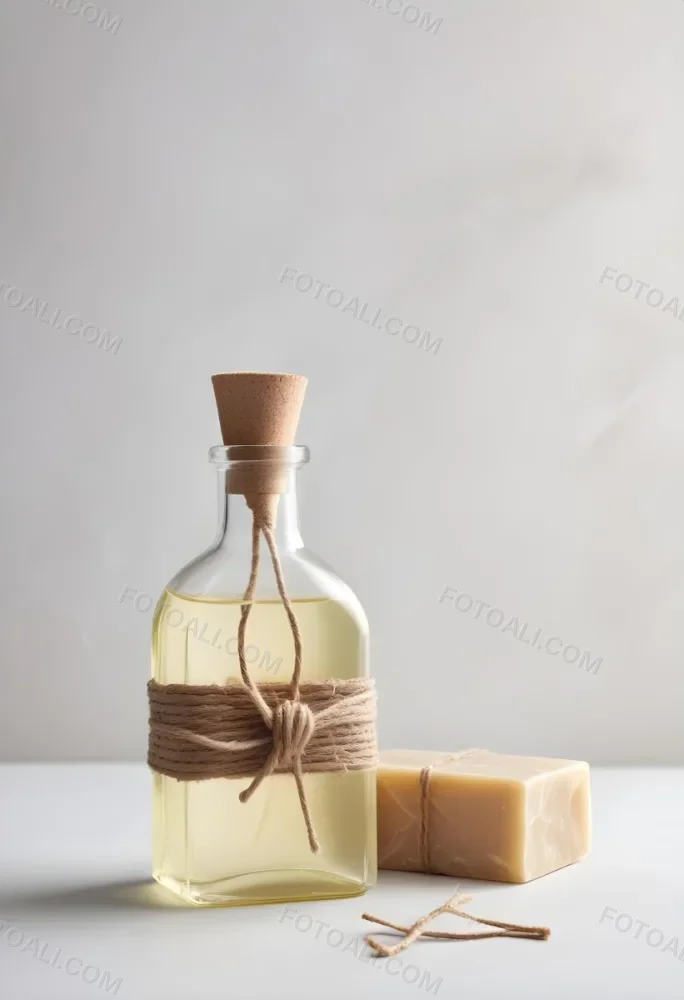 A Bar Of Soap Tied With Twine And A Clear Glass Bottle With A White Cap On A White Textured Surface 8 C3ca