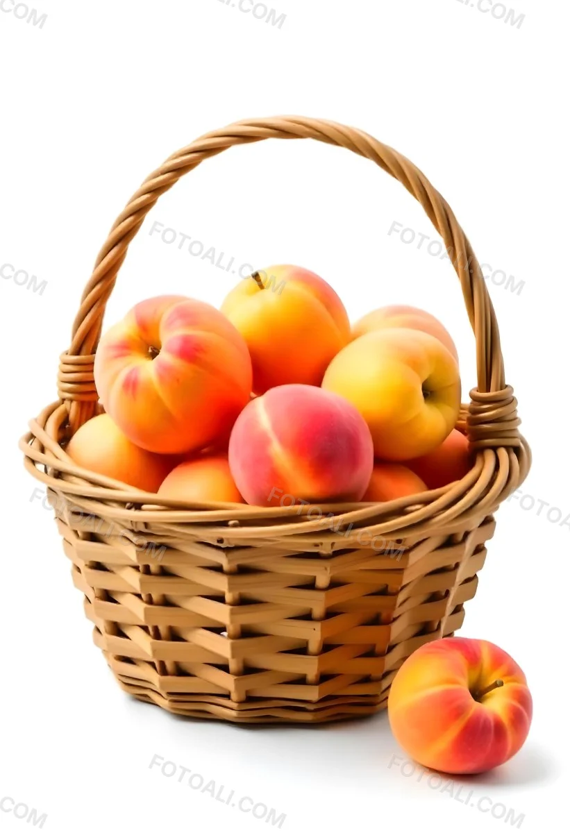 A Basket Full Of Peaches Some Peaches Are Yellow And Some Are Red With Red Spots In A White Background 11 3e39
